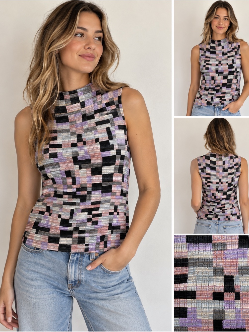 Petite Sophisticate Vintage Plaid Crinkle Texture Mock Neck Sleeveless Top M